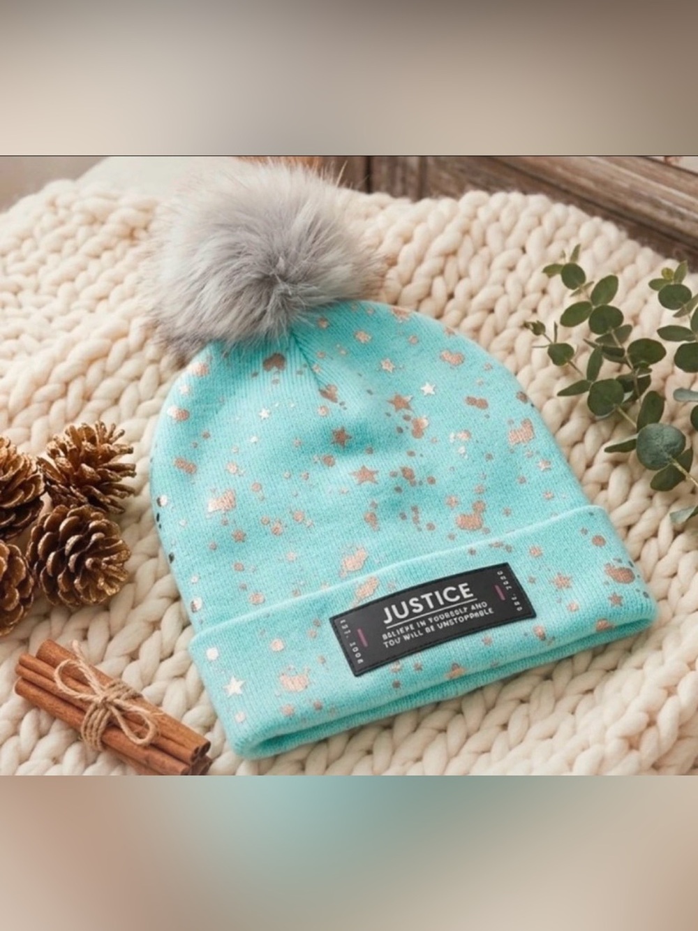 Justice Mint Beanie with Gray Faux-Fur Pom and Gold Stars